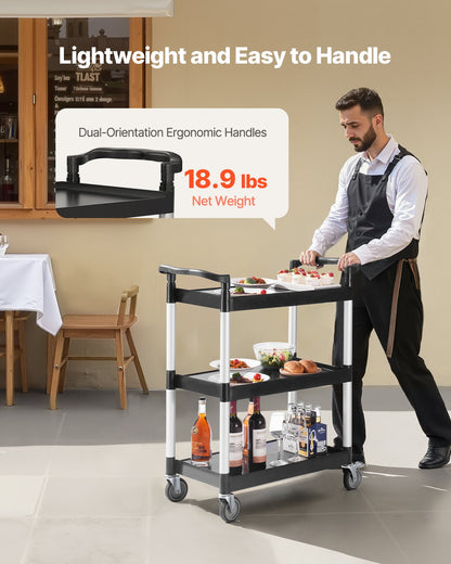Servierwagen, 136 kg Tragkraft, 3-stöckiger Kunststoffwagen mit 360°-Schwenkrädern (2 mit Bremsen), 62 x 41 cm, ideal für Lager, Büro, Haushalt, Restaurant und Küche