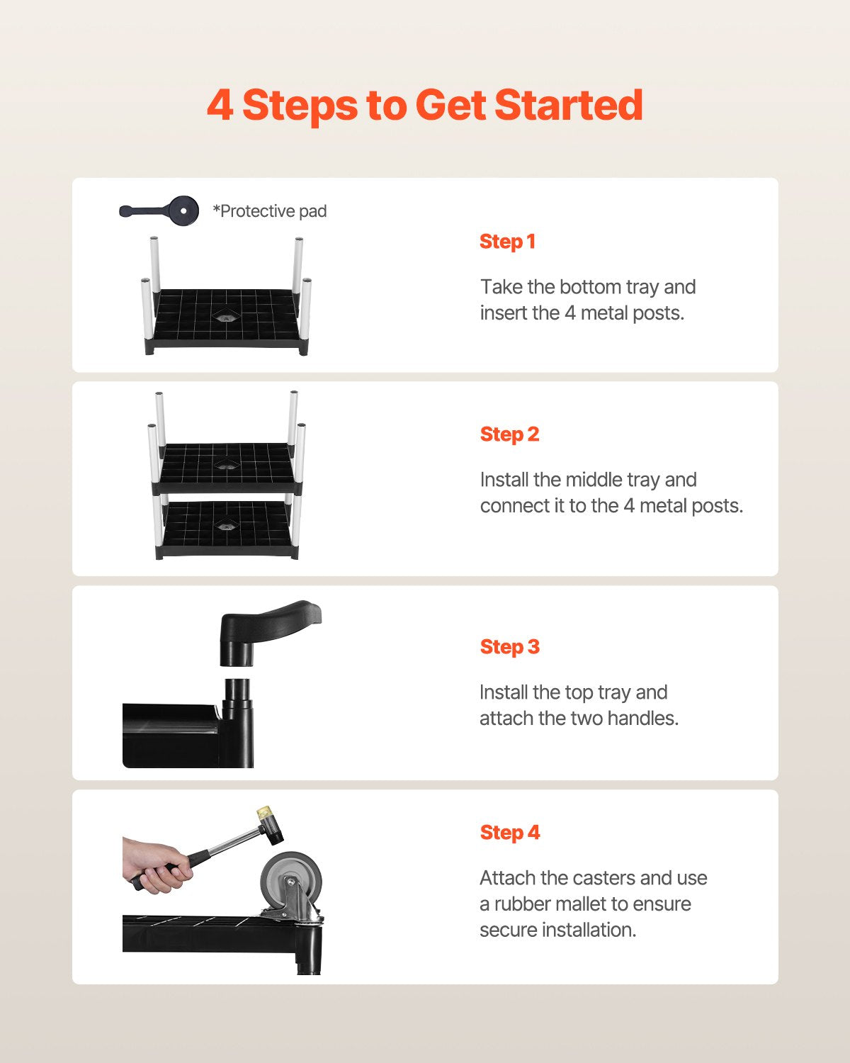 Servierwagen, 136 kg Tragkraft, 3-stöckiger Kunststoffwagen mit 360°-Schwenkrädern (2 mit Bremsen), 62 x 41 cm, ideal für Lager, Büro, Haushalt, Restaurant und Küche