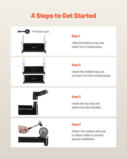 Servierwagen, 136 kg Tragkraft, 3-stöckiger Kunststoffwagen mit 360°-Schwenkrädern (2 mit Bremsen), 62 x 41 cm, ideal für Lager, Büro, Haushalt, Restaurant und Küche