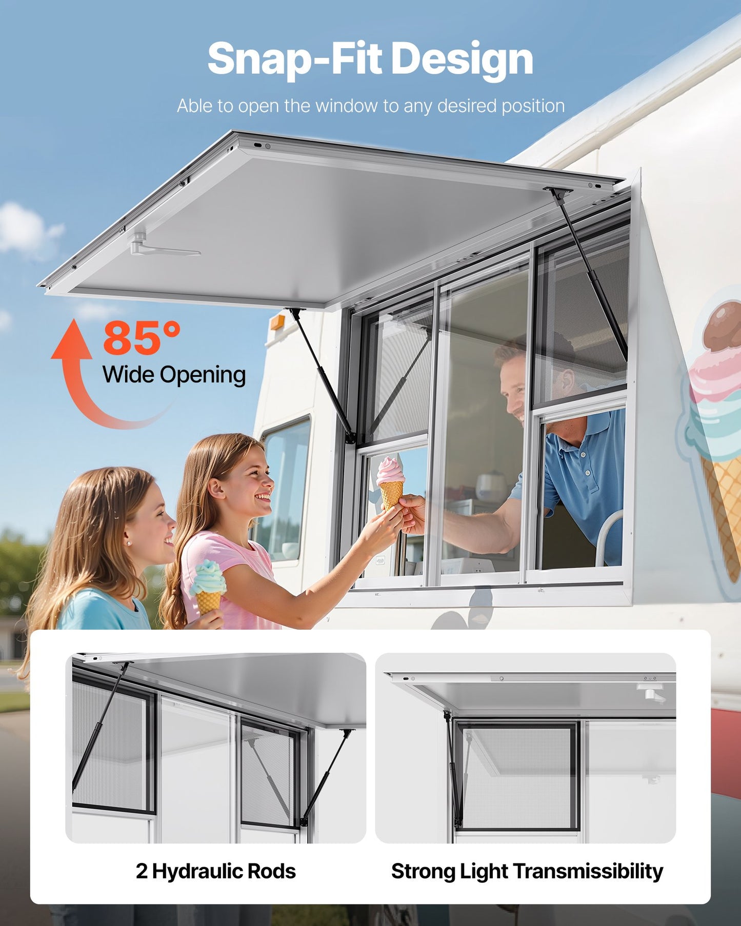 Concession Window 152x92 cm, Aluminum Alloy Service Window for Food Truck, Up to 85 Degrees Stand Serving Window with 6 Sliding Windows, Awning Door, and Drag Hook, for Concession Trailers
