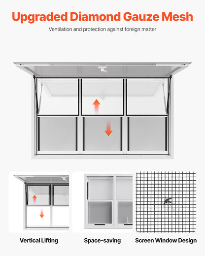 Concession Window 152x92 cm, Aluminum Alloy Service Window for Food Truck, Up to 85 Degrees Stand Serving Window with 6 Sliding Windows, Awning Door, and Drag Hook, for Concession Trailers