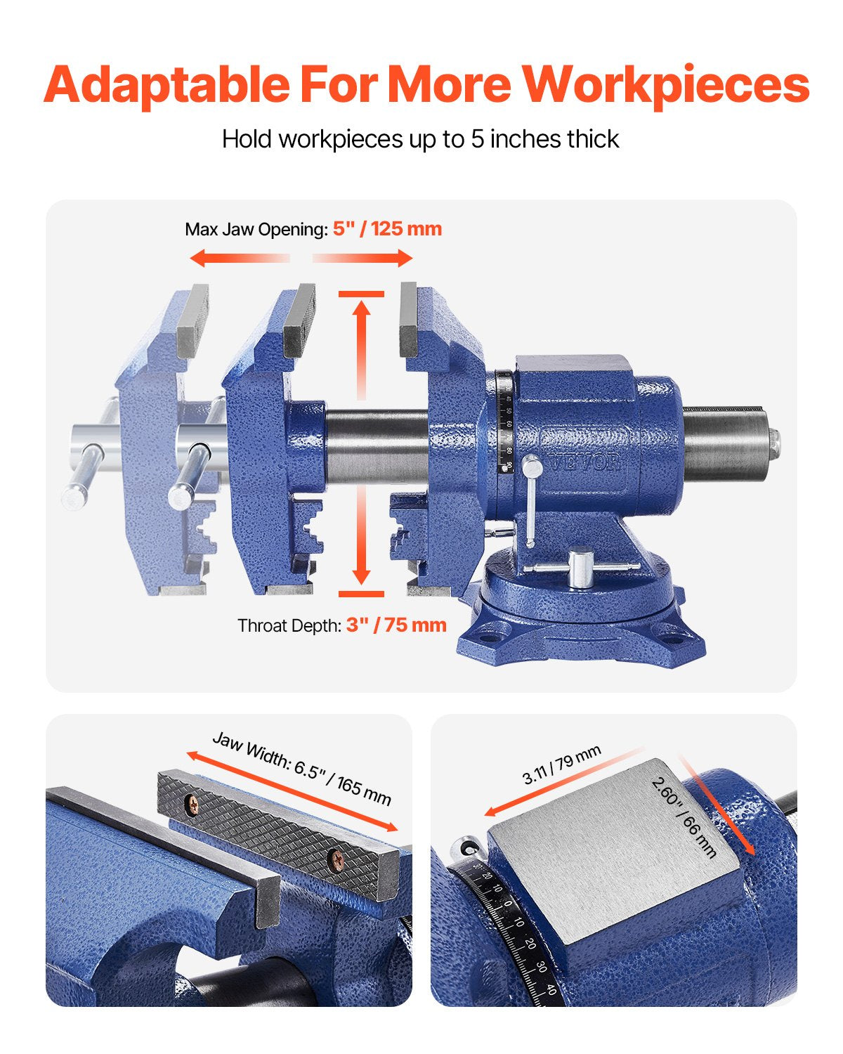 Heavy Duty Bench Vise, 165 mm / 6.5" Jaw Width, 125 mm/5" Max Jaw Opening Multi-Purpose Ductile Iron Bench Vise with Anvil, 360° Swivel Base Head, 3" Throat, 2549 kg/5620 lbs Clamp Force, for Pipe Repairing Metalworking