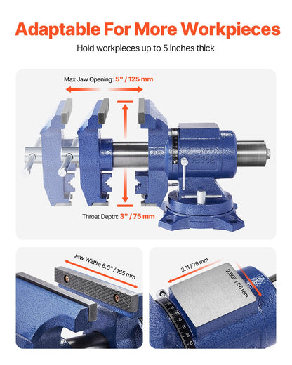 Heavy Duty Bench Vise, 165 mm / 6.5" Jaw Width, 125 mm/5" Max Jaw Opening Multi-Purpose Ductile Iron Bench Vise with Anvil, 360° Swivel Base Head, 3" Throat, 2549 kg/5620 lbs Clamp Force, for Pipe Repairing Metalworking