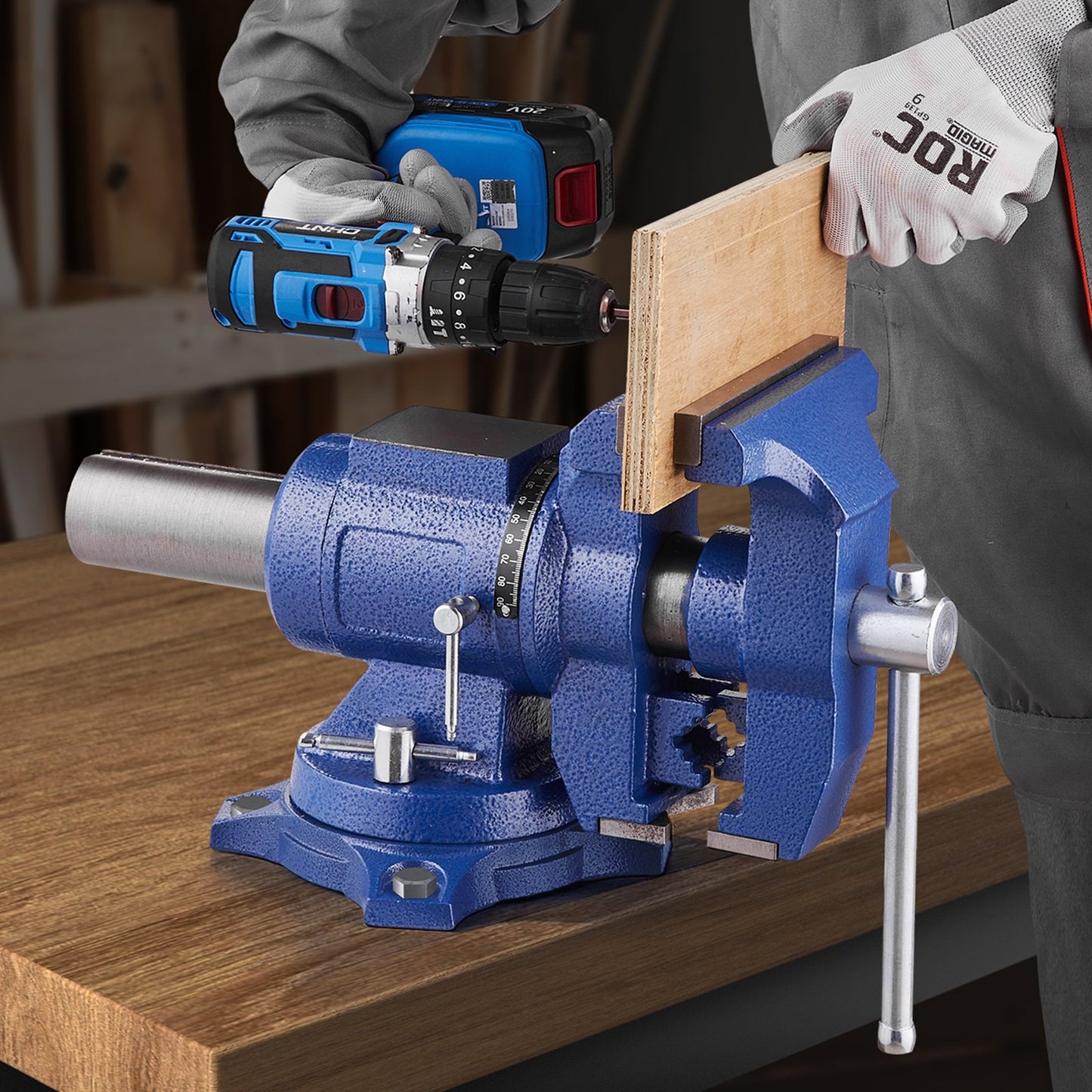 Heavy Duty Bench Vise, 165 mm / 6.5" Jaw Width, 125 mm/5" Max Jaw Opening Multi-Purpose Ductile Iron Bench Vise with Anvil, 360° Swivel Base Head, 3" Throat, 2549 kg/5620 lbs Clamp Force, for Pipe Repairing Metalworking