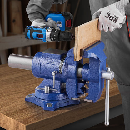 Heavy Duty Bench Vise, 165 mm / 6.5" Jaw Width, 125 mm/5" Max Jaw Opening Multi-Purpose Ductile Iron Bench Vise with Anvil, 360° Swivel Base Head, 3" Throat, 2549 kg/5620 lbs Clamp Force, for Pipe Repairing Metalworking
