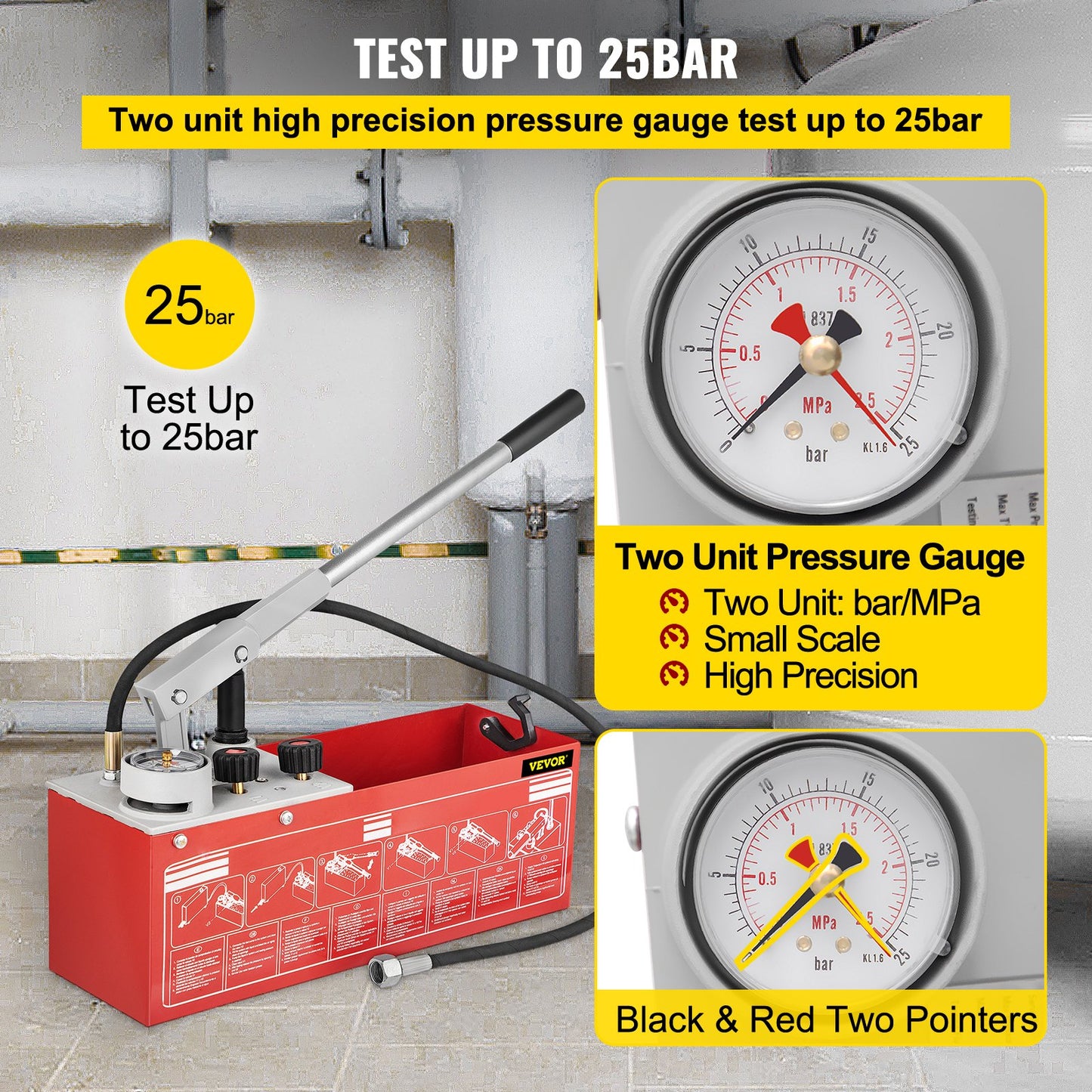 Hydrostatic Pressure Test Pump, Test Up to 25 bar/2.5 MPa, 12.1 L Tank, Hydraulic Manual Water Pressure Tester Kit w/ Two-Unit Gauge & R 1.27 cm Connection, for Pipeline Fluid Pressure Testing
