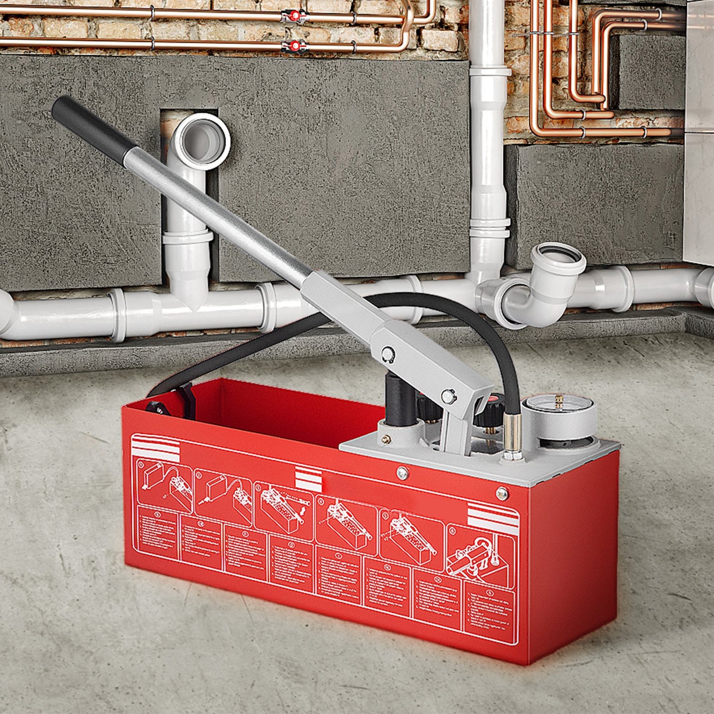 Hydrostatic Pressure Test Pump, Test Up to 25 bar/2.5 MPa, 12.1 L Tank, Hydraulic Manual Water Pressure Tester Kit w/ Two-Unit Gauge & R 1.27 cm Connection, for Pipeline Fluid Pressure Testing