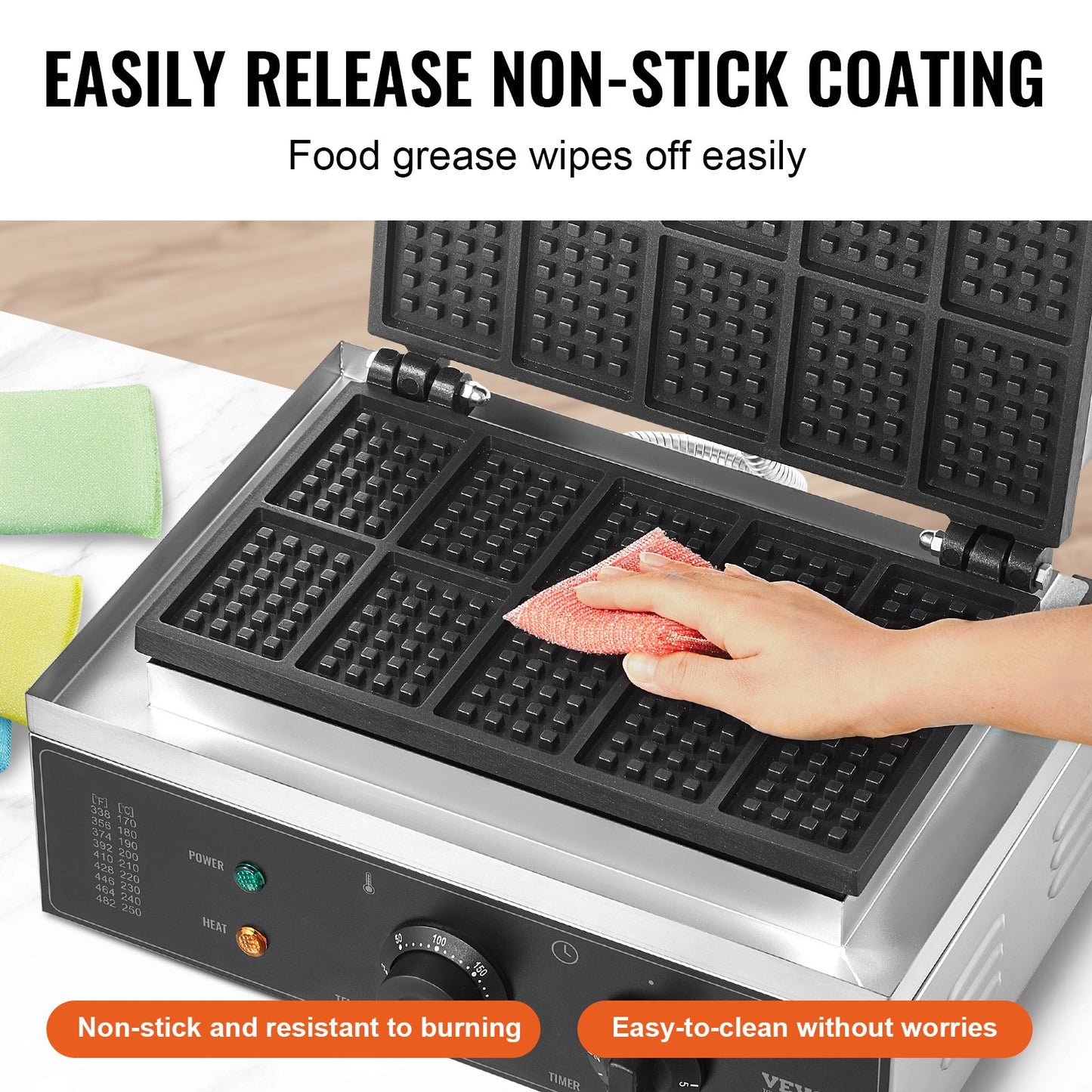Gewerbliches Waffeleisen, 10er-Pack rechteckige Waffeln, 1550 W, antihaftbeschichtetes Edelstahl-Waffeleisen für belgische Waffeln mit Temperatur- und Zeitregelung, Griff, für Restaurants, Bäckereien, Imbisse und Familienbetriebe