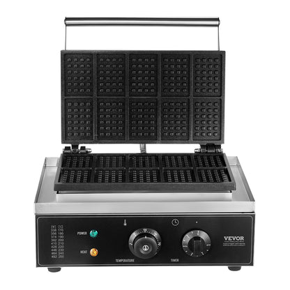 Gewerbliches Waffeleisen, 10er-Pack rechteckige Waffeln, 1550 W, antihaftbeschichtetes Edelstahl-Waffeleisen für belgische Waffeln mit Temperatur- und Zeitregelung, Griff, für Restaurants, Bäckereien, Imbisse und Familienbetriebe