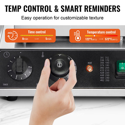 Gewerbliches Waffeleisen, 2-teiliges rechteckiges Waffeleisen, 2000 W, antihaftbeschichtet, Edelstahl, belgisches Waffeleisen mit Temperatur- und Zeitregelung, Griff, für Restaurants, Bäckereien, Imbisse und Familien