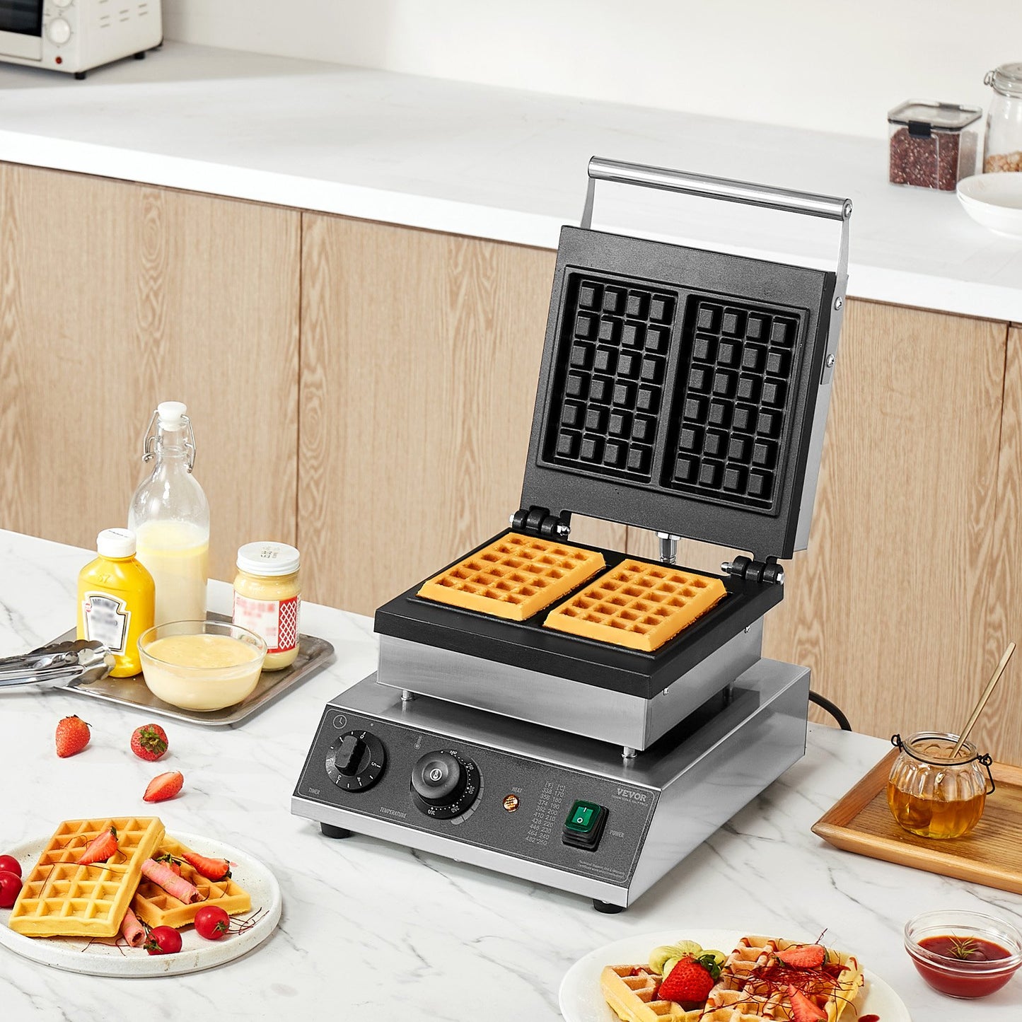 Gewerbliches Waffeleisen, 2-teiliges rechteckiges Waffeleisen, 2000 W, antihaftbeschichtet, Edelstahl, belgisches Waffeleisen mit Temperatur- und Zeitregelung, Griff, für Restaurants, Bäckereien, Imbisse und Familien
