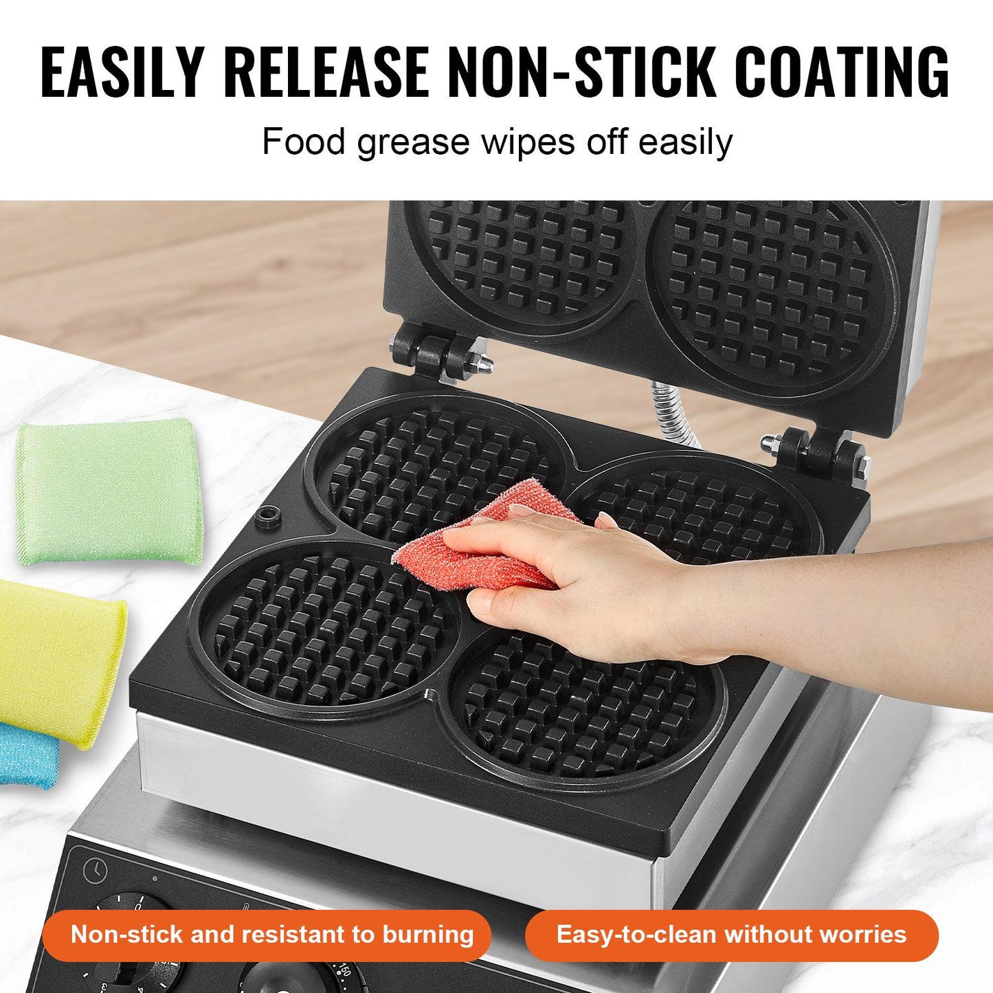 Gewerbliches Waffeleisen, 4-teiliges rundes Waffeleisen, 1750 W, antihaftbeschichtetes Edelstahl-Waffeleisen im belgischen Stil mit Temperatur- und Zeitregelung, für Restaurants, Bäckereien, Imbisse und Familienbetriebe