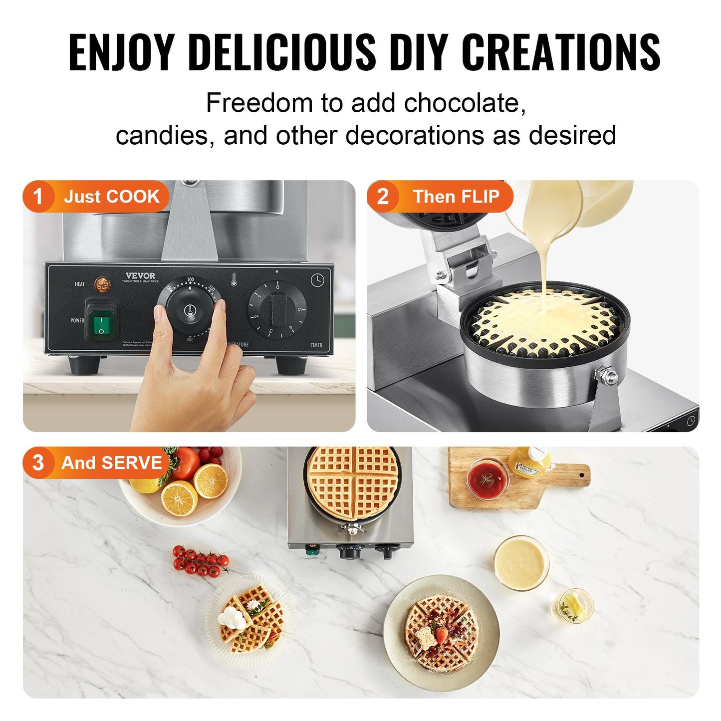 Gewerbliches Waffeleisen, 1230 W, rundes Waffeleisen, antihaftbeschichtet, Edelstahl, belgisches Waffeleisen mit Temperatur- und Zeitregelung, Griff, für Restaurants, Bäckereien, Imbisse und Familienbetriebe