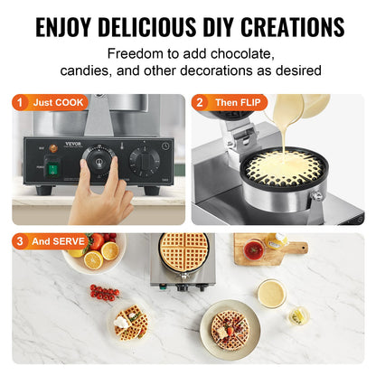 Gewerbliches Waffeleisen, 1230 W, rundes Waffeleisen, antihaftbeschichtet, Edelstahl, belgisches Waffeleisen mit Temperatur- und Zeitregelung, Griff, für Restaurants, Bäckereien, Imbisse und Familienbetriebe