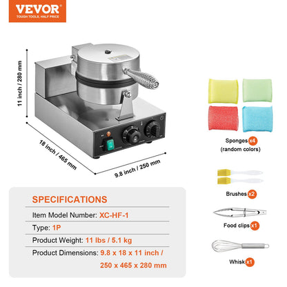 Gewerbliches Waffeleisen, 1230 W, rundes Waffeleisen, antihaftbeschichtet, Edelstahl, belgisches Waffeleisen mit Temperatur- und Zeitregelung, Griff, für Restaurants, Bäckereien, Imbisse und Familienbetriebe