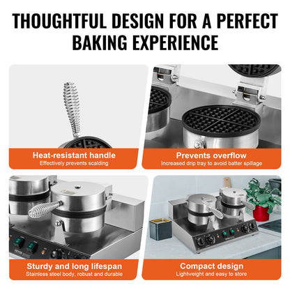 Gewerbliches Waffeleisen, Doppelwaffeleisen für runde Waffeln, 2460 W, Antihaftbeschichtung, Edelstahl, belgisches Waffeleisen mit Temperatur- und Zeitregelung, Griff, für Restaurants, Bäckereien, Imbisse und Familienbetriebe