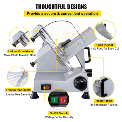 Gewerbliche Fleischschneidemaschine, 320 W, elektrischer Feinkostschneider, 30 cm lange Klinge aus Kohlenstoffstahl, 350–400 U/min, Schnittstärke einstellbar von 0–1,5 cm für Fleisch, Käse, Gemüse und Schinken