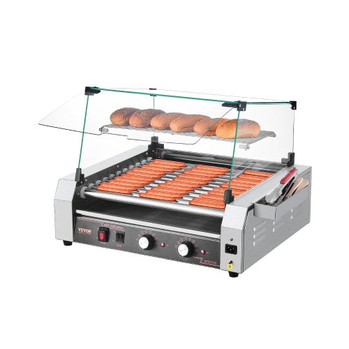 Hot-Dog-Grill, 30 Hot-Dog-Rollen, Edelstahl, 2200 W, Gewerbegerät mit zwei Temperaturreglern, Deckel, seitlichem Aufbewahrungsfach, herausnehmbarem Ablagefach und Fettauffangschale
