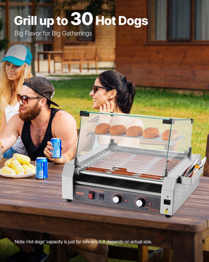 Hot-Dog-Grill, 30 Hot-Dog-Rollen, Edelstahl, 2200 W, Gewerbegerät mit zwei Temperaturreglern, Deckel, seitlichem Aufbewahrungsfach, herausnehmbarem Ablagefach und Fettauffangschale