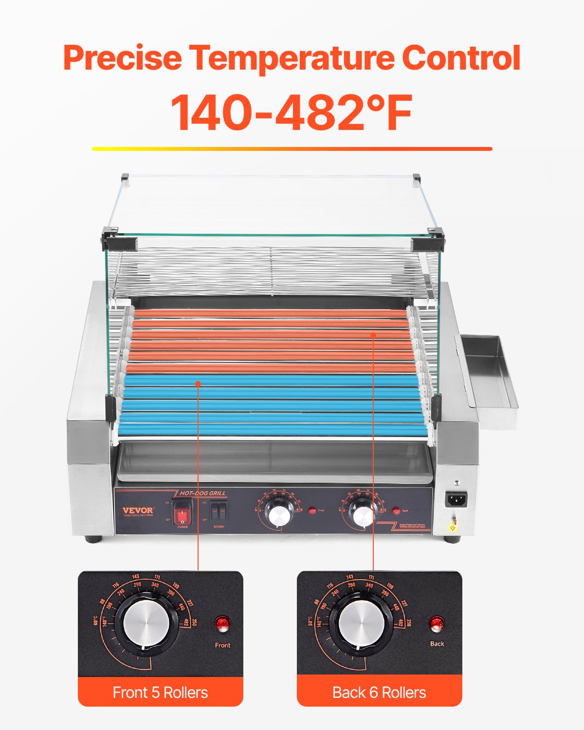 Hot-Dog-Grill, 30 Hot-Dog-Rollen, Edelstahl, 2200 W, Gewerbegerät mit zwei Temperaturreglern, Deckel, seitlichem Aufbewahrungsfach, herausnehmbarem Ablagefach und Fettauffangschale