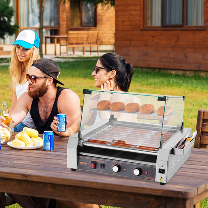 Hot-Dog-Grill, 30 Hot-Dog-Rollen, Edelstahl, 2200 W, Gewerbegerät mit zwei Temperaturreglern, Deckel, seitlichem Aufbewahrungsfach, herausnehmbarem Ablagefach und Fettauffangschale