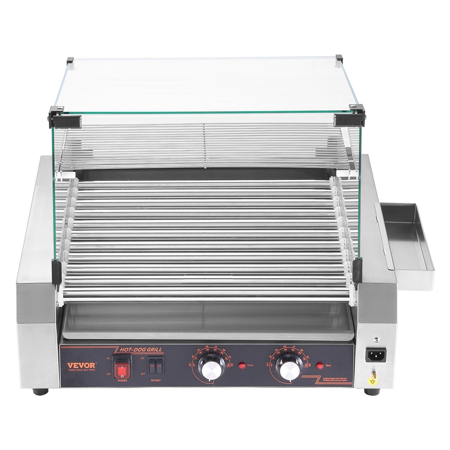 Hot-Dog-Grill, 30 Hot-Dog-Rollen, Edelstahl, 2200 W, Gewerbegerät mit zwei Temperaturreglern, Deckel, seitlichem Aufbewahrungsfach, herausnehmbarem Ablagefach und Fettauffangschale
