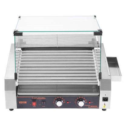 Hot-Dog-Grill, 30 Hot-Dog-Rollen, Edelstahl, 2200 W, Gewerbegerät mit zwei Temperaturreglern, Deckel, seitlichem Aufbewahrungsfach, herausnehmbarem Ablagefach und Fettauffangschale