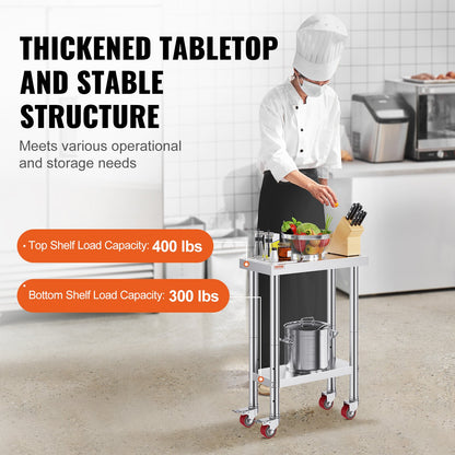Stainless Steel Catering Work Table 12x24 Inch Commercial Work Table with 4 Wheels Commercial Food Prep Workbench with Flexible Adjustment Shelf for Kitchen Prep Table