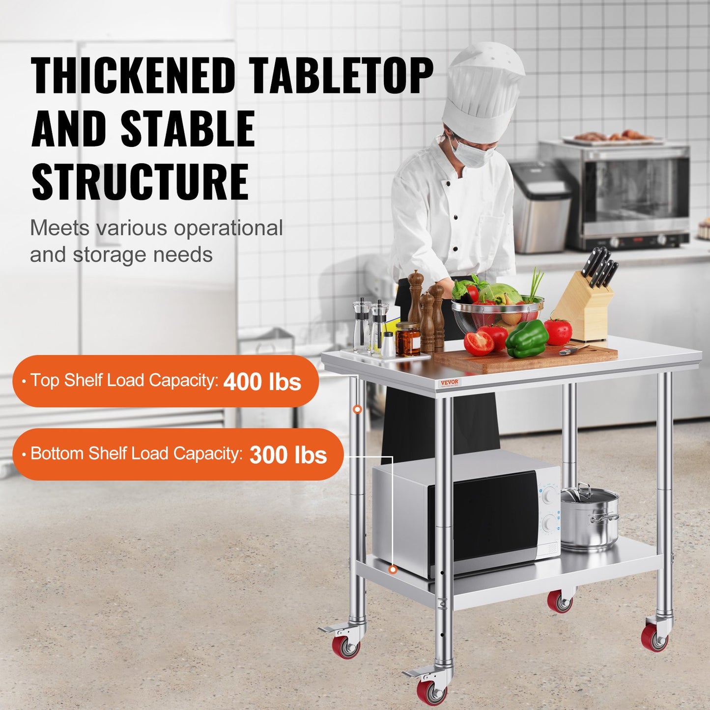 Stainless Steel Catering Work Table 36x24 Inch Commercial Work Table with 4 Wheels Commercial Food Prep Workbench with Flexible Adjustment Shelf for Kitchen Prep Table