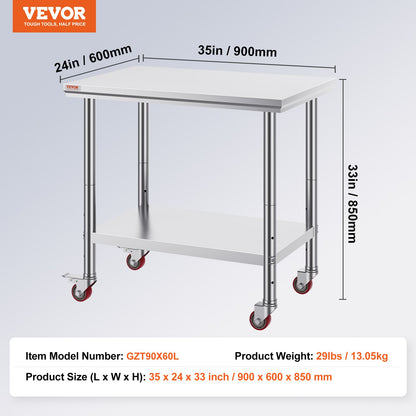 Stainless Steel Catering Work Table 36x24 Inch Commercial Work Table with 4 Wheels Commercial Food Prep Workbench with Flexible Adjustment Shelf for Kitchen Prep Table