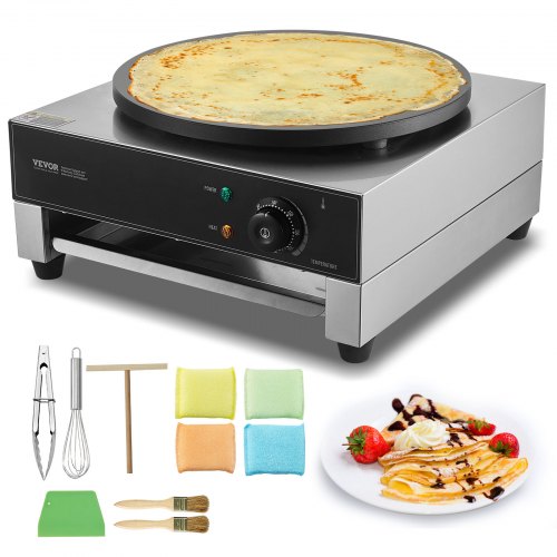 Electric Crepe Maker, 16-Inch Commercial Crepe Machine, 3000W Flat Plate Crepe Griddle, Nonstick Stainless Steel Pancake Making Machine, Desktop Circular Cereals Pancake Stove with Temp Control