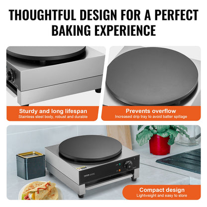 Electric Crepe Maker, 16-Inch Commercial Crepe Machine, 3000W Flat Plate Crepe Griddle, Nonstick Stainless Steel Pancake Making Machine, Desktop Circular Cereals Pancake Stove with Temp Control