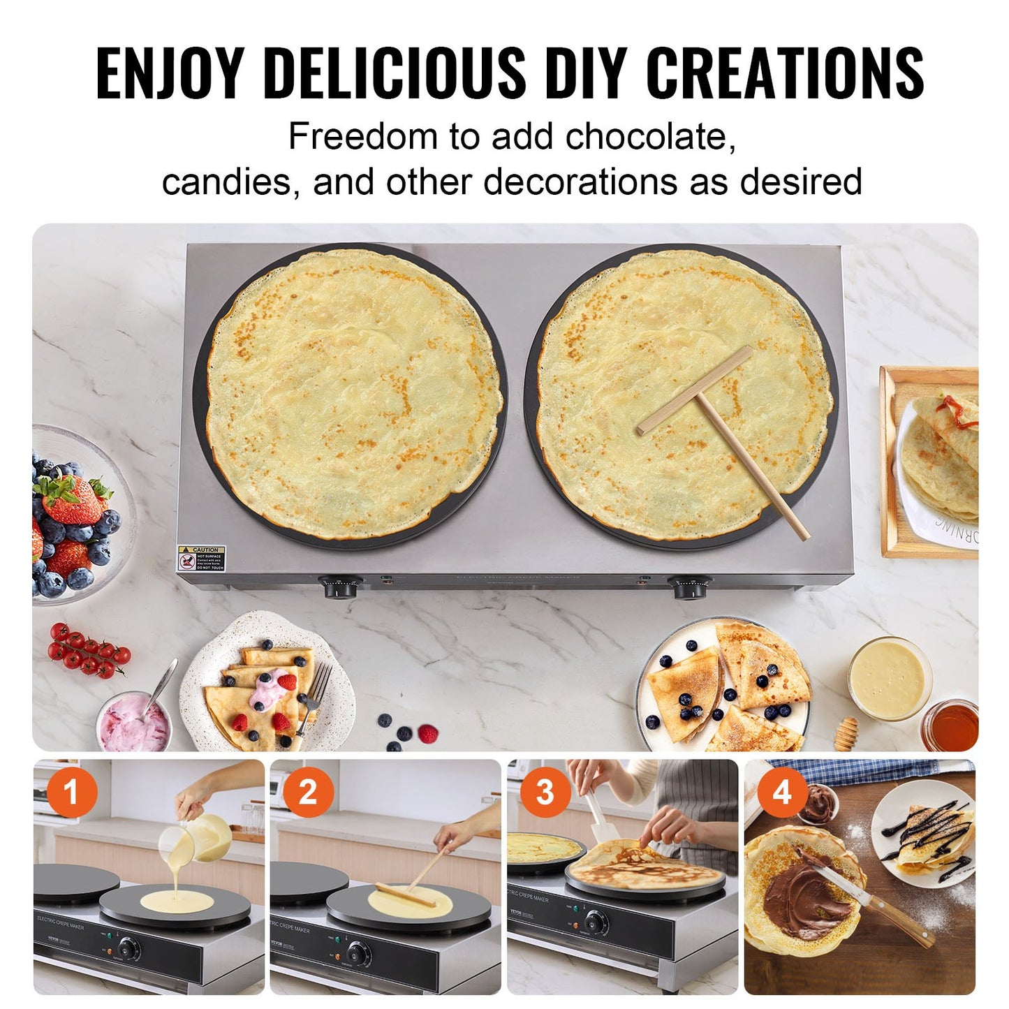 Elektrischer Crêpe-Maker, 40 cm Doppelkopf-Crêpe-Maschine für den gewerblichen Einsatz, 3400 W, flache Crêpe-Platte, antihaftbeschichteter Edelstahl, runder Tischherd für Müsli und Pfannkuchen, Temperaturregelung