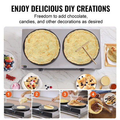 Elektrischer Crêpe-Maker, 40 cm Doppelkopf-Crêpe-Maschine für den gewerblichen Einsatz, 3400 W, flache Crêpe-Platte, antihaftbeschichteter Edelstahl, runder Tischherd für Müsli und Pfannkuchen, Temperaturregelung