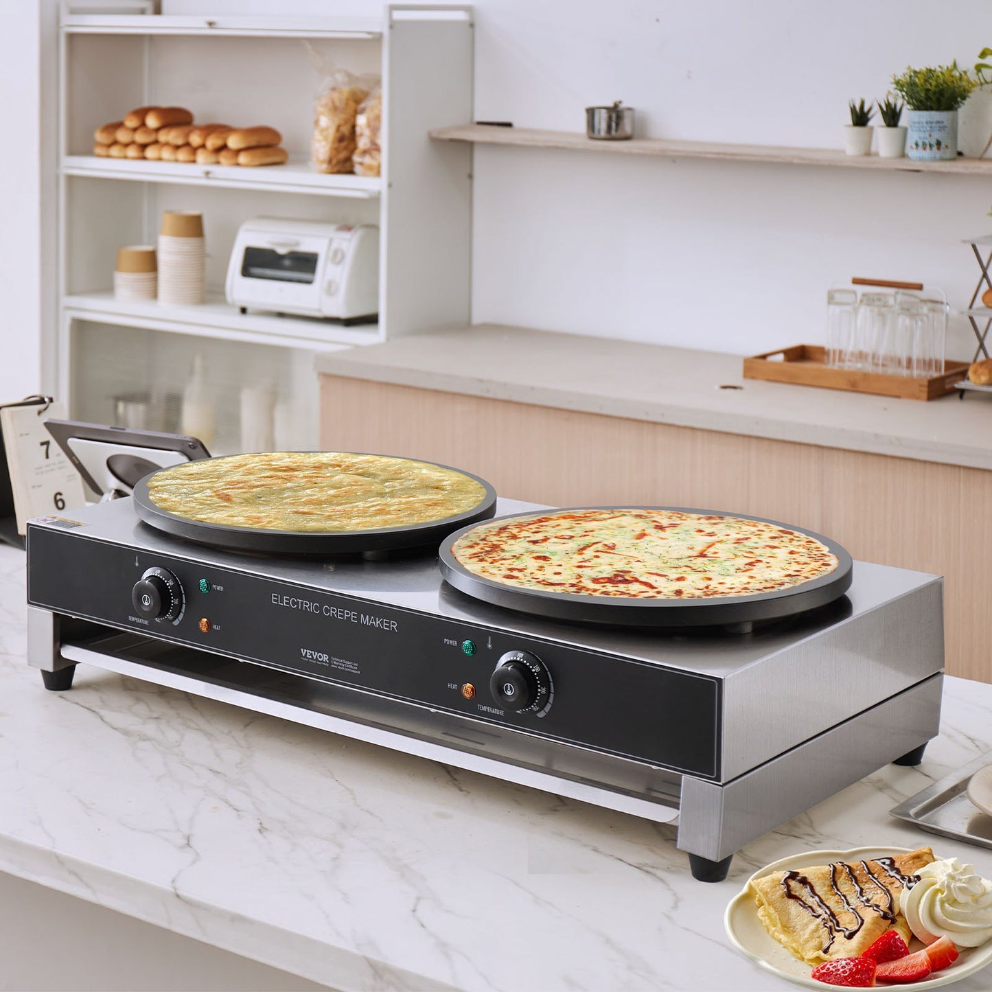 Elektrischer Crêpe-Maker, 40 cm Doppelkopf-Crêpe-Maschine für den gewerblichen Einsatz, 3400 W, flache Crêpe-Platte, antihaftbeschichteter Edelstahl, runder Tischherd für Müsli und Pfannkuchen, Temperaturregelung
