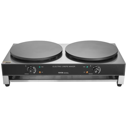 Elektrischer Crêpe-Maker, 40 cm Doppelkopf-Crêpe-Maschine für den gewerblichen Einsatz, 3400 W, flache Crêpe-Platte, antihaftbeschichteter Edelstahl, runder Tischherd für Müsli und Pfannkuchen, Temperaturregelung