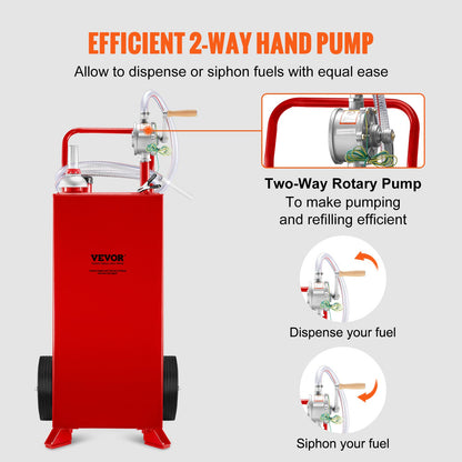 30 Gallon Fuel Caddy, Fuel Storage Tank on 2 Wheels, Portable Gas Caddy with Manuel Transfer Pump, Gasoline Diesel Fuel Container for Cars, Lawn Mowers, ATVs, Boats, More, Red