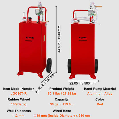 30 Gallon Fuel Caddy, Fuel Storage Tank on 2 Wheels, Portable Gas Caddy with Manuel Transfer Pump, Gasoline Diesel Fuel Container for Cars, Lawn Mowers, ATVs, Boats, More, Red