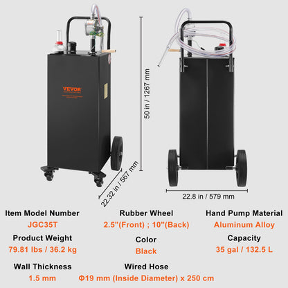 Fuel Caddy, 35 Gallon, Gas Storage Tank on 4 Wheels, with Manual Transfer Pump, Gasoline Diesel Fuel Container for Cars, Lawn Mowers, ATVs, Boats, More, Black
