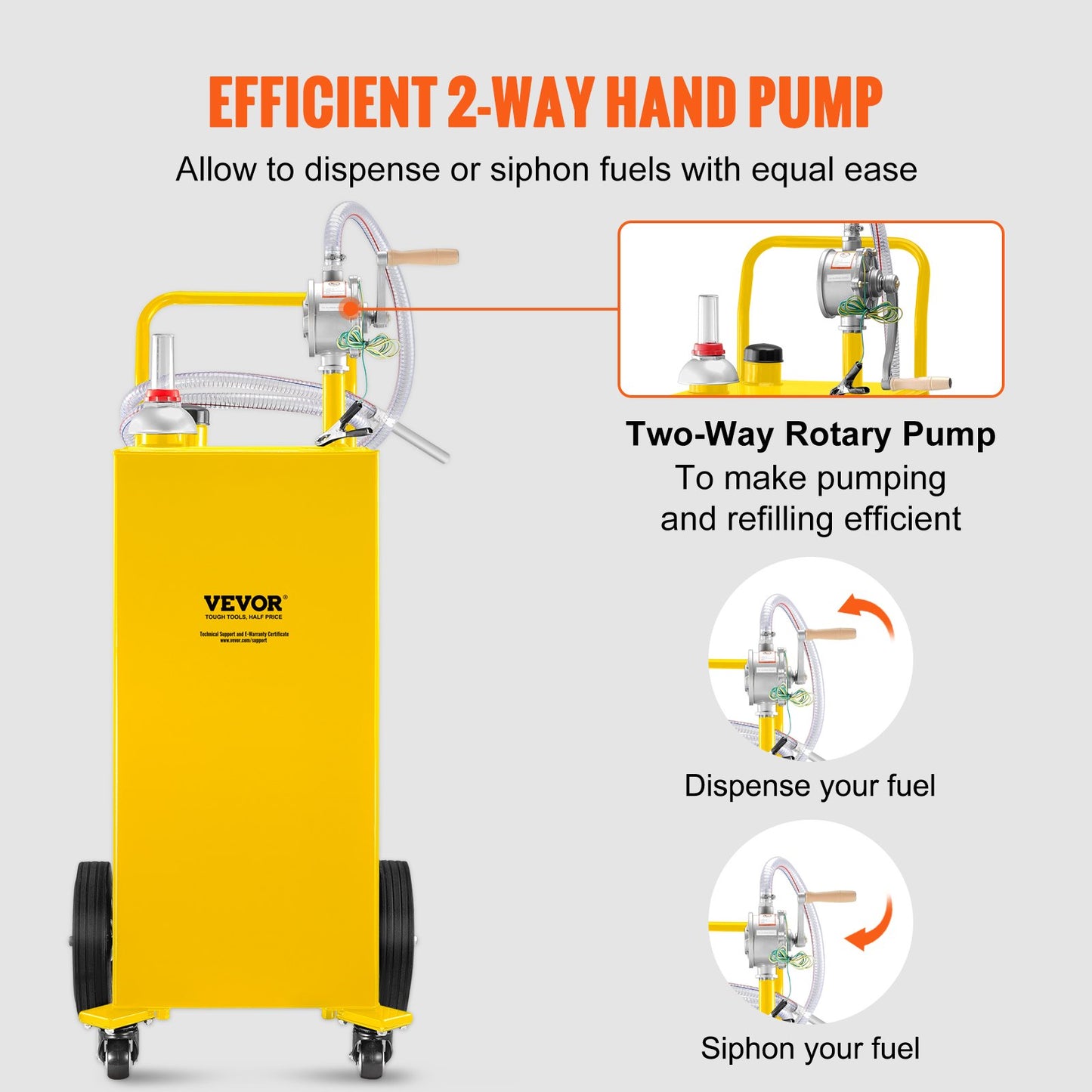 Fuel Caddy, 35 Gallon, Gas Storage Tank on 4 Wheels, with Manuel Transfer Pump, Gasoline Diesel Fuel Container for Cars, Lawn Mowers, ATVs, Boats, More, Yellow