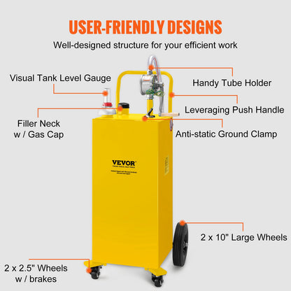 Fuel Caddy, 35 Gallon, Gas Storage Tank on 4 Wheels, with Manuel Transfer Pump, Gasoline Diesel Fuel Container for Cars, Lawn Mowers, ATVs, Boats, More, Yellow