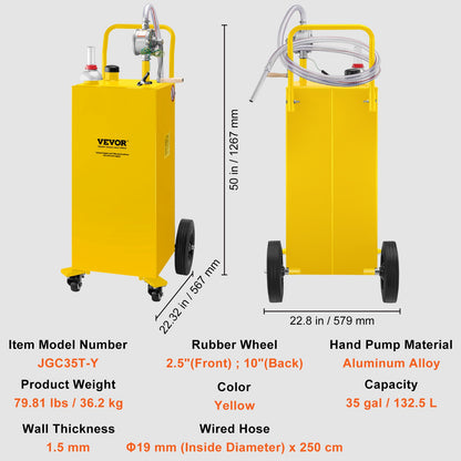 Fuel Caddy, 35 Gallon, Gas Storage Tank on 4 Wheels, with Manuel Transfer Pump, Gasoline Diesel Fuel Container for Cars, Lawn Mowers, ATVs, Boats, More, Yellow