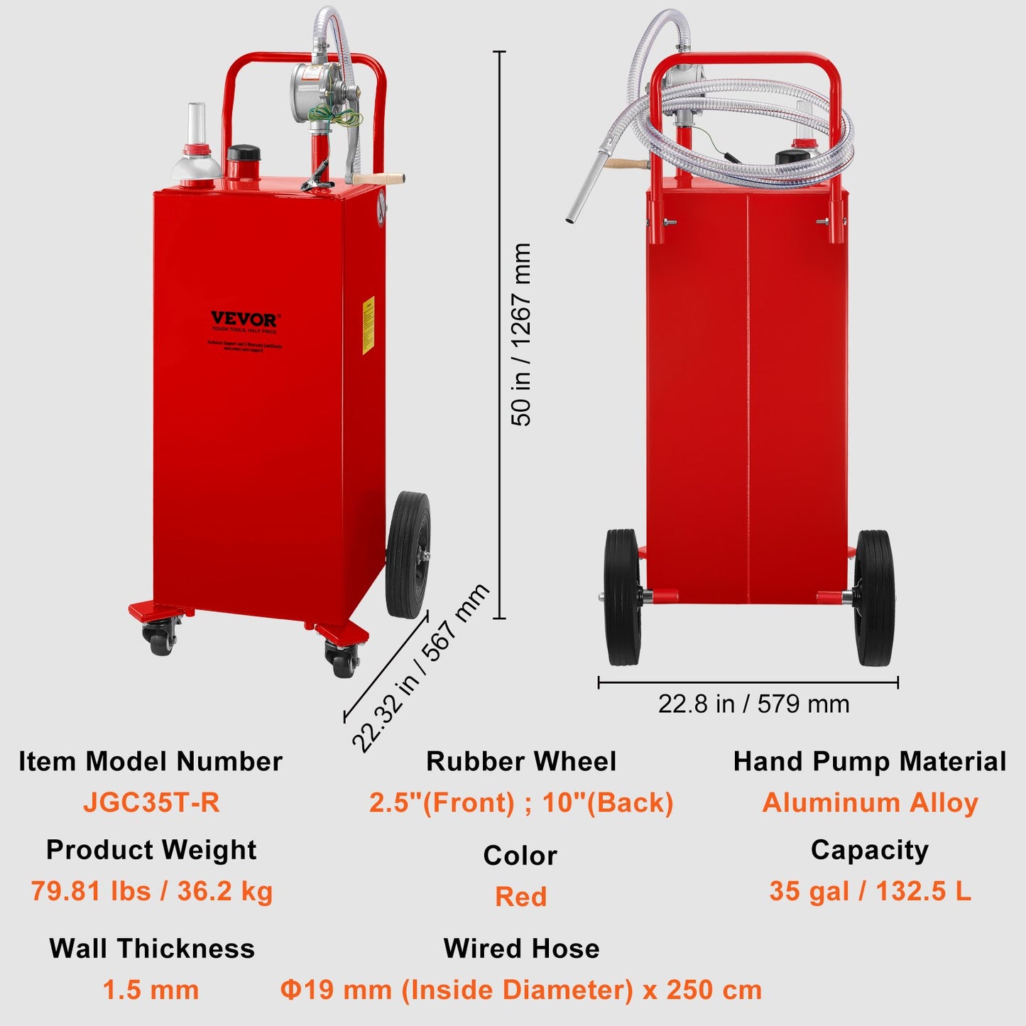 Fuel Caddy, 132.49 Liter, Gas Storage Tank on 4 Wheels, with Manuel Transfer Pump, Gasoline Diesel Fuel Container for Cars, Lawn Mowers, ATVs, Boats, More, Red