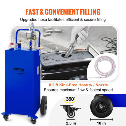 30 Gallon Fuel Caddy, Gas Storage Tank & 4 Wheels, with Manuel Transfer Pump, Gasoline Diesel Fuel Container for Cars, Lawn Mowers, ATVs, Boats, More, Blue
