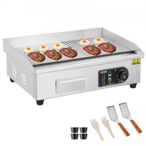 Gewerblicher elektrischer Grill, 3200 W, Tischgrill mit halbflacher Grillfläche, einstellbare Temperatur von 50 °C bis 300 °C, 54 x 30 x 1 cm Edelstahlgrillplatte mit 2 Schaufeln und 2 Bürsten für Zuhause oder Restaurant