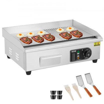 Gewerblicher elektrischer Grill, 3200 W, Tischgrill mit halbflacher Grillfläche, einstellbare Temperatur von 50 °C bis 300 °C, 54 x 30 x 1 cm Edelstahlgrillplatte mit 2 Schaufeln und 2 Bürsten für Zuhause oder Restaurant