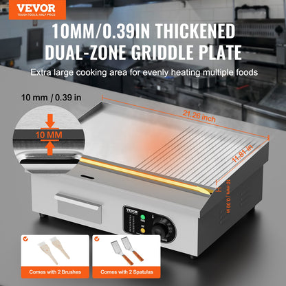 Gewerblicher elektrischer Grill, 3200 W, Tischgrill mit halbflacher Grillfläche, einstellbare Temperatur von 50 °C bis 300 °C, 54 x 30 x 1 cm Edelstahlgrillplatte mit 2 Schaufeln und 2 Bürsten für Zuhause oder Restaurant