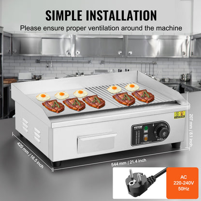 Gewerblicher elektrischer Grill, 3200 W, Tischgrill mit halbflacher Grillfläche, einstellbare Temperatur von 50 °C bis 300 °C, 54 x 30 x 1 cm Edelstahlgrillplatte mit 2 Schaufeln und 2 Bürsten für Zuhause oder Restaurant