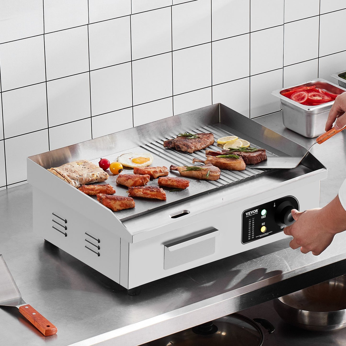 Gewerblicher elektrischer Grill, 3200 W, Tischgrill mit halbflacher Grillfläche, einstellbare Temperatur von 50 °C bis 300 °C, 54 x 30 x 1 cm Edelstahlgrillplatte mit 2 Schaufeln und 2 Bürsten für Zuhause oder Restaurant
