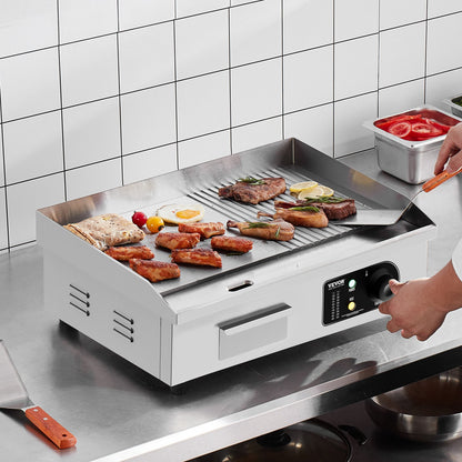 Gewerblicher elektrischer Grill, 3200 W, Tischgrill mit halbflacher Grillfläche, einstellbare Temperatur von 50 °C bis 300 °C, 54 x 30 x 1 cm Edelstahlgrillplatte mit 2 Schaufeln und 2 Bürsten für Zuhause oder Restaurant